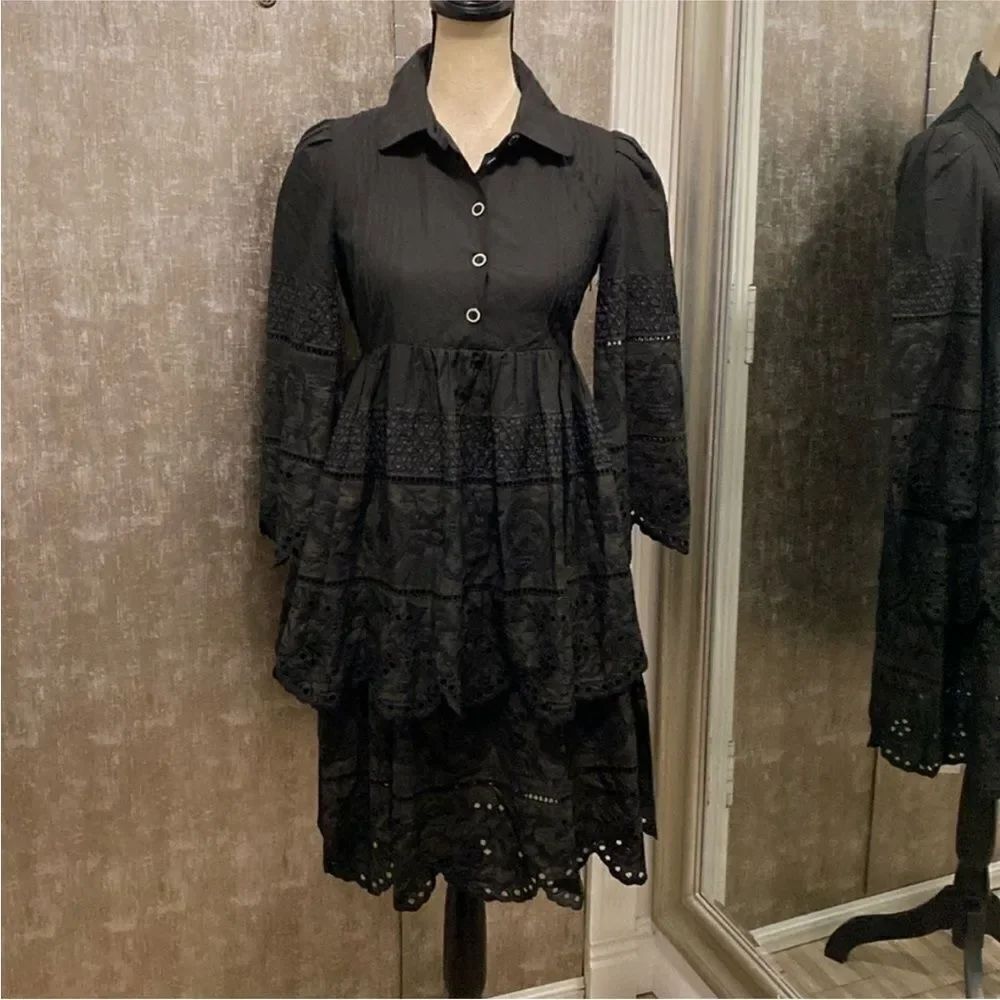 Adam Lippes tiered eyelet black dress, US2